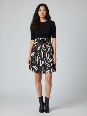Cache Brown, Black & Cream Abstract Belted Mini Skirt